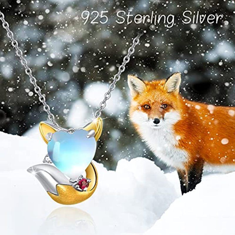 Sterling Silver Two-tone Heart Shaped Moonstone Fox Pendant Necklace-6