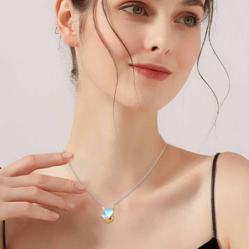 Sterling Silver Two-tone Heart Shaped Moonstone Fox Pendant Necklace-3