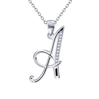 Sterling Silver Cubic Zirconia Personalized Initial Letter Pendant Necklace with Initial Letter A-42