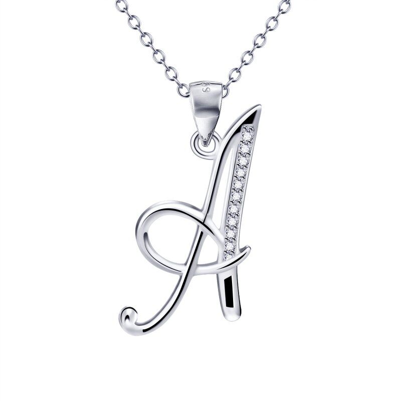 Sterling Silver Cubic Zirconia Personalized Initial Letter Pendant Necklace with Initial Letter A-5