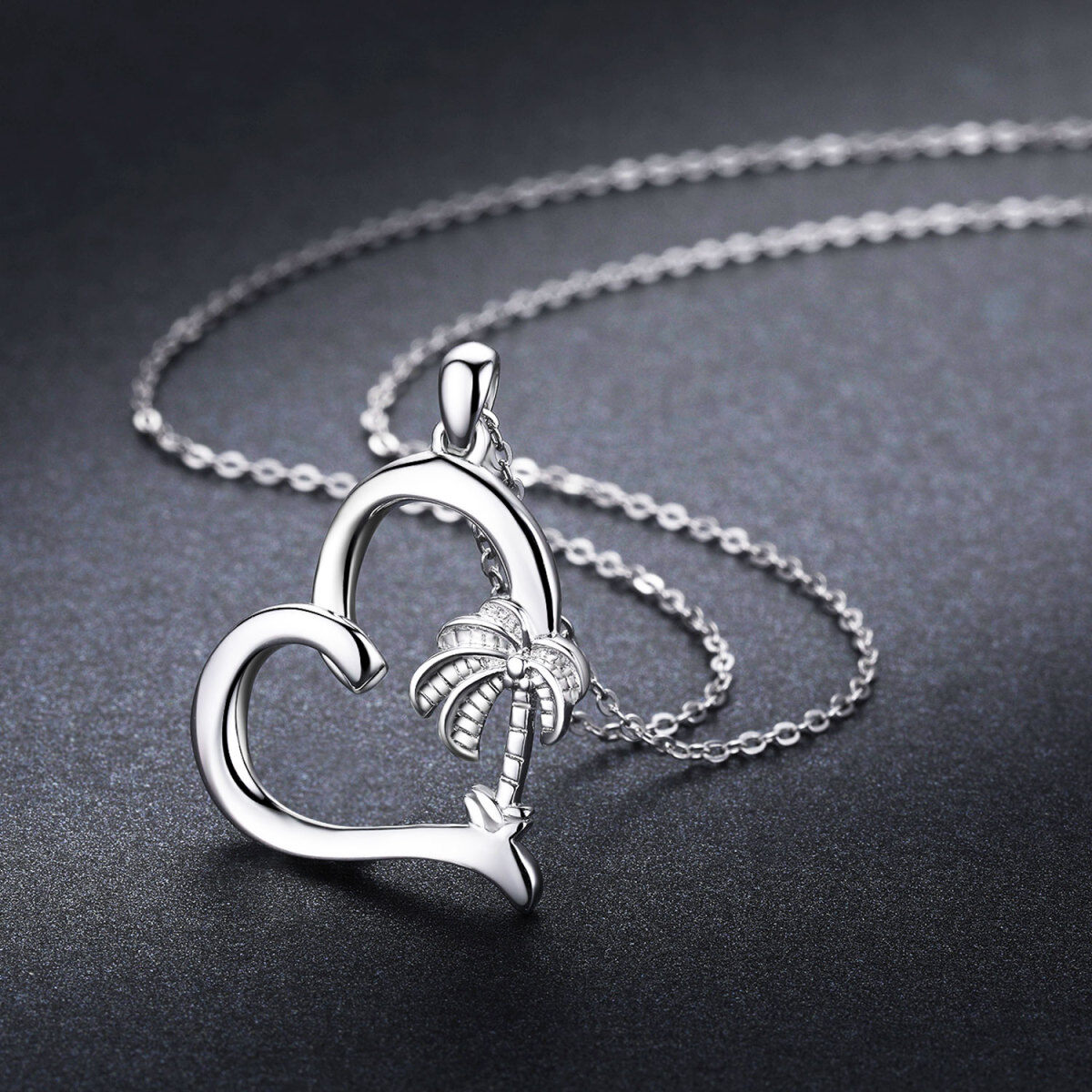 Sterling Silver Palm Tree & Heart Pendant Necklace-4