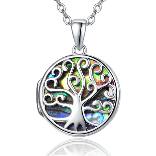 Collier médaillon photo personnalisé en argent sterling avec coquillage d'ormeau et arbre de vie