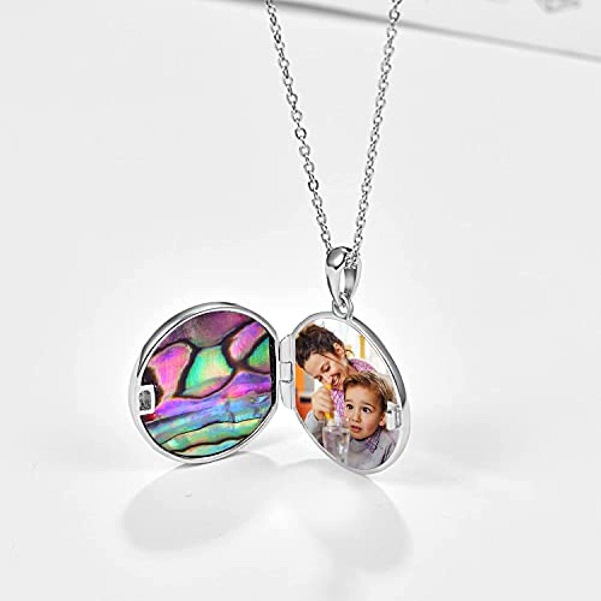 Colar com medalhão de foto personalizado em prata esterlina, abalone, marisco, árvore da vida-4