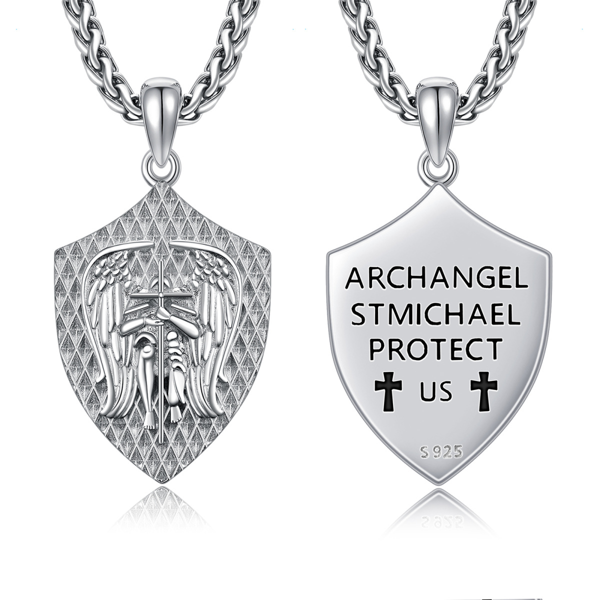 Collier pendentif Saint Michel en argent sterling avec mot gravé pour homme-1