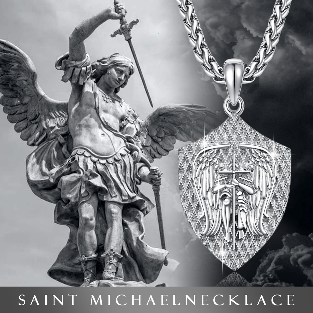 Collier pendentif Saint Michel en argent sterling avec mot gravé pour homme-7