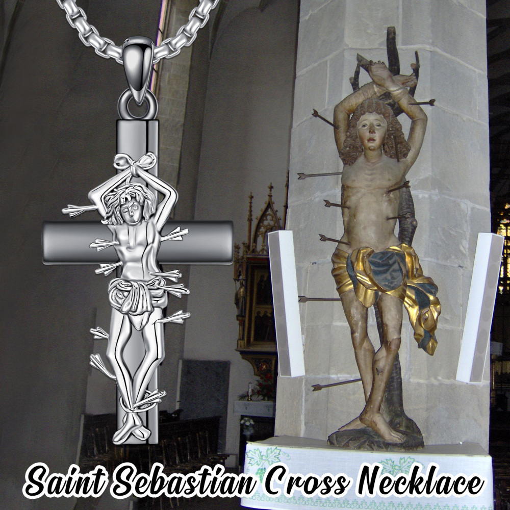 Collana con croce di San Sebastiano S925 Medaglia di San Sebastiano Posso fare ogni cosa attraverso Cristo-3