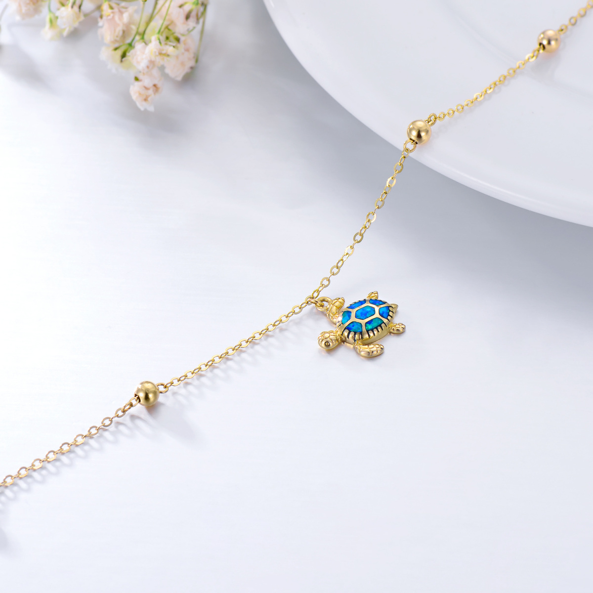 14K Gold Opal Tortoise Single Layer Charm Anklet-4