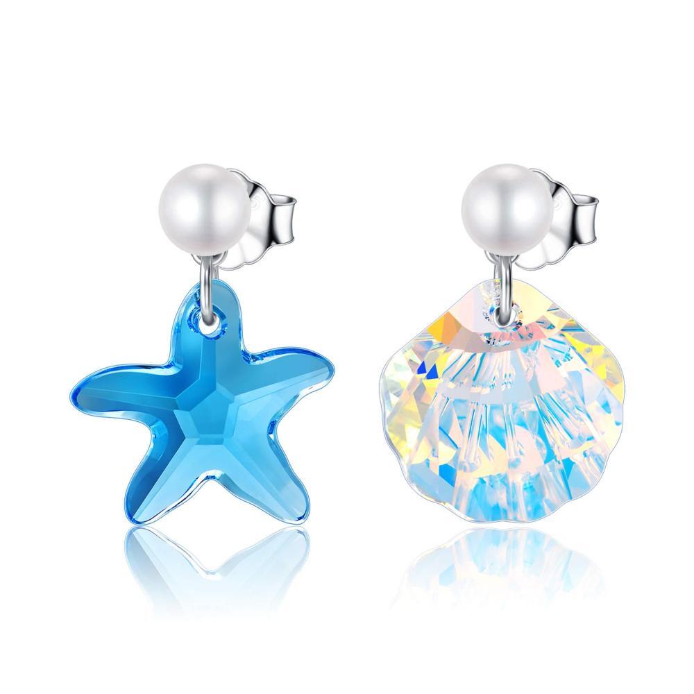 Pendientes colgantes de concha de estrella de mar con perlas de cristal en plata de ley-1