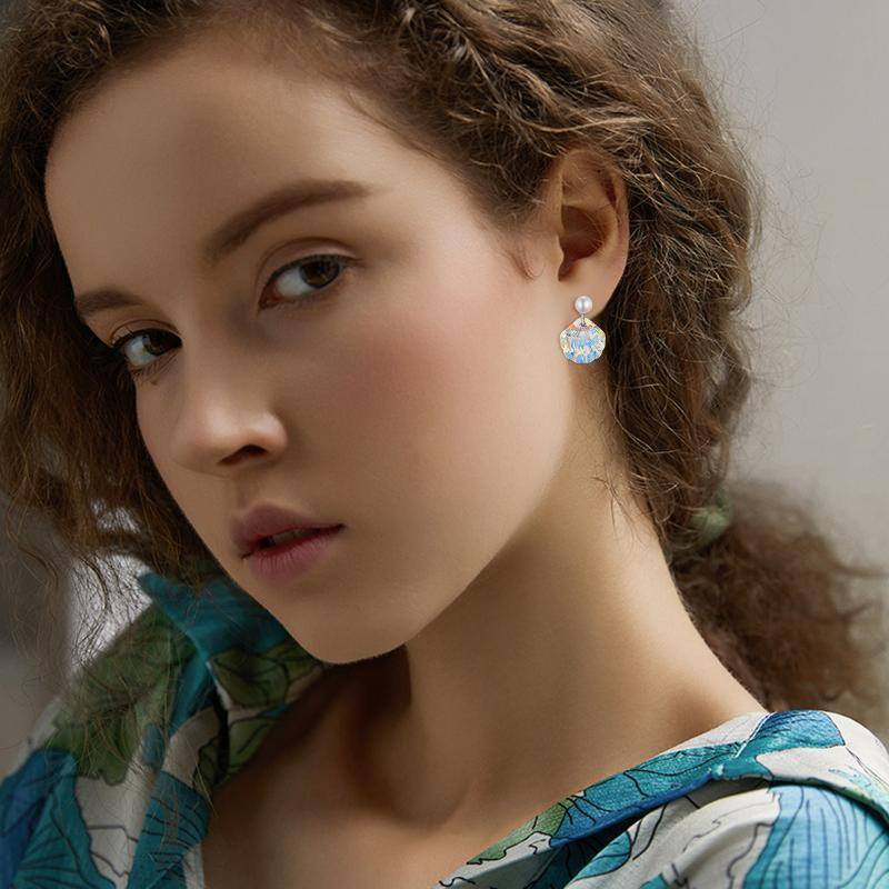 Brincos de gota de concha de estrela do mar com pérolas de cristal de prata esterlina-2