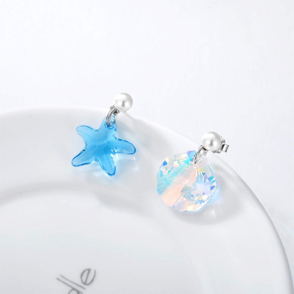 Pendientes colgantes de concha de estrella de mar con perlas de cristal en plata de ley-3