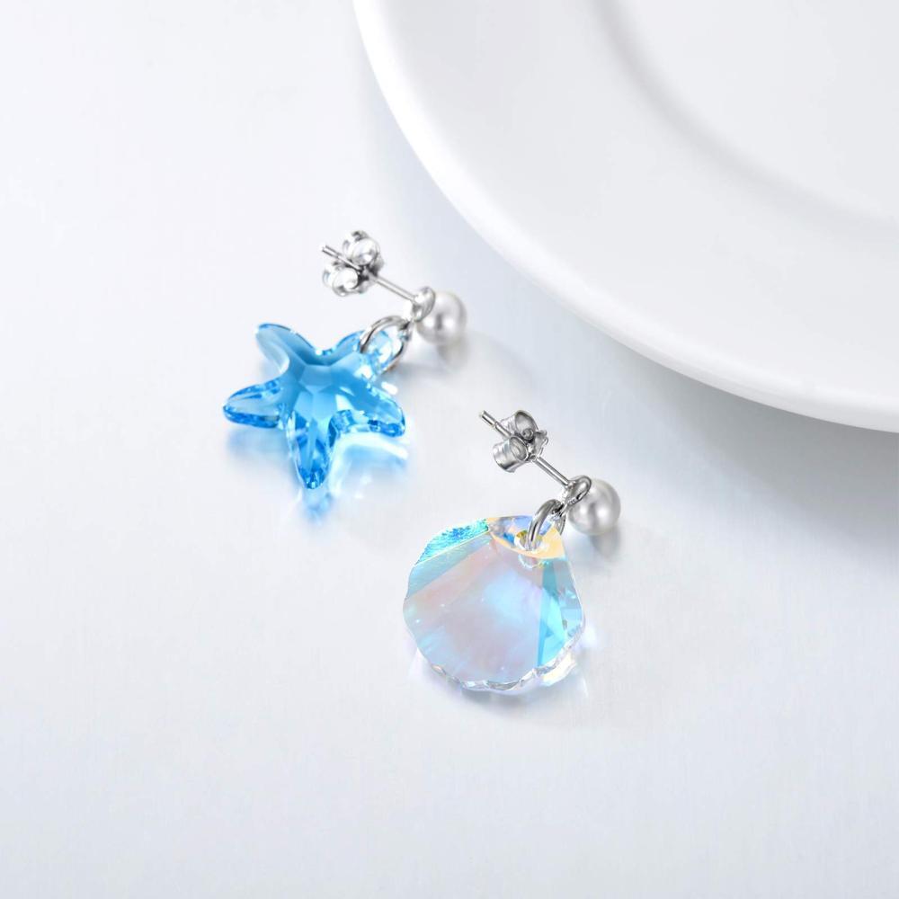 Pendientes colgantes de concha de estrella de mar con perlas de cristal en plata de ley-4