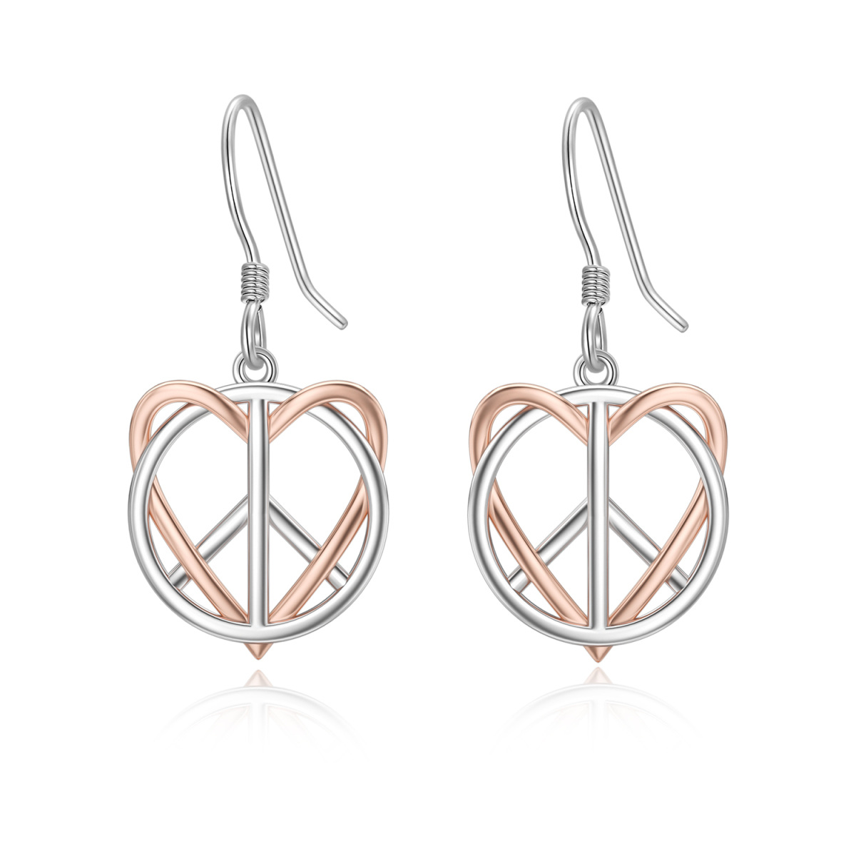 Sterling Silver Two-tone Heart & Peace Symbol Drop Earrings-1