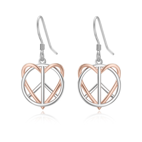 Sterling Silver Two-tone Heart & Peace Symbol Drop Earrings