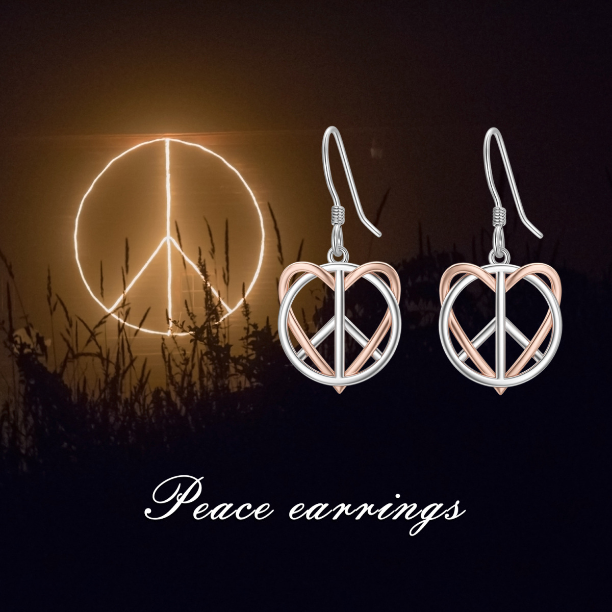 Sterling Silver Two-tone Heart & Peace Symbol Drop Earrings-6