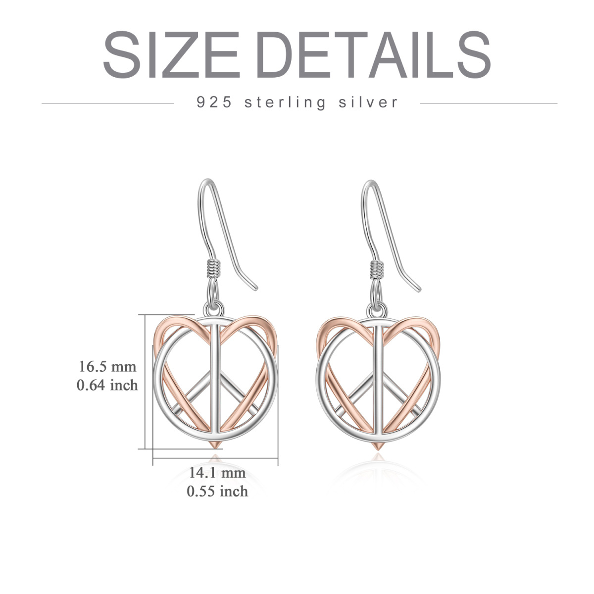 Sterling Silver Two-tone Heart & Peace Symbol Drop Earrings-5