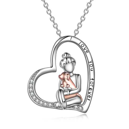 Sterling Silver Two-tone Dog & Girl Engraved Necklace for Women