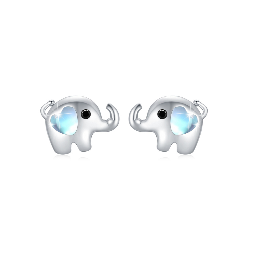 Sterling Silver Moonstone Elephant Stud Earrings-1