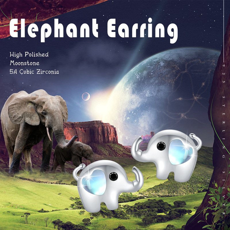 Sterling Silver Moonstone Elephant Stud Earrings-6