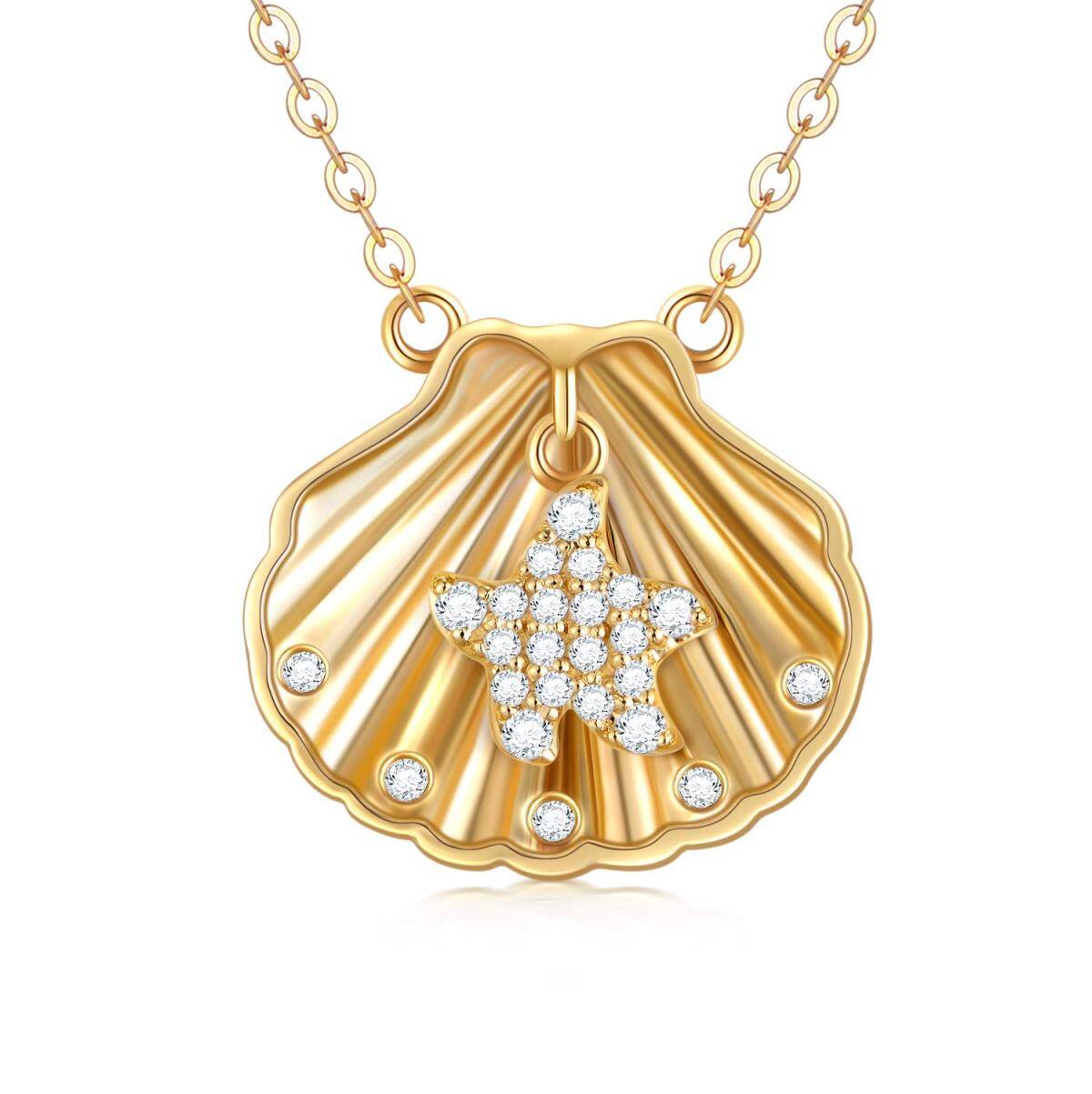 18K Gold Cubic Zirconia Shell Pendant Necklace-1