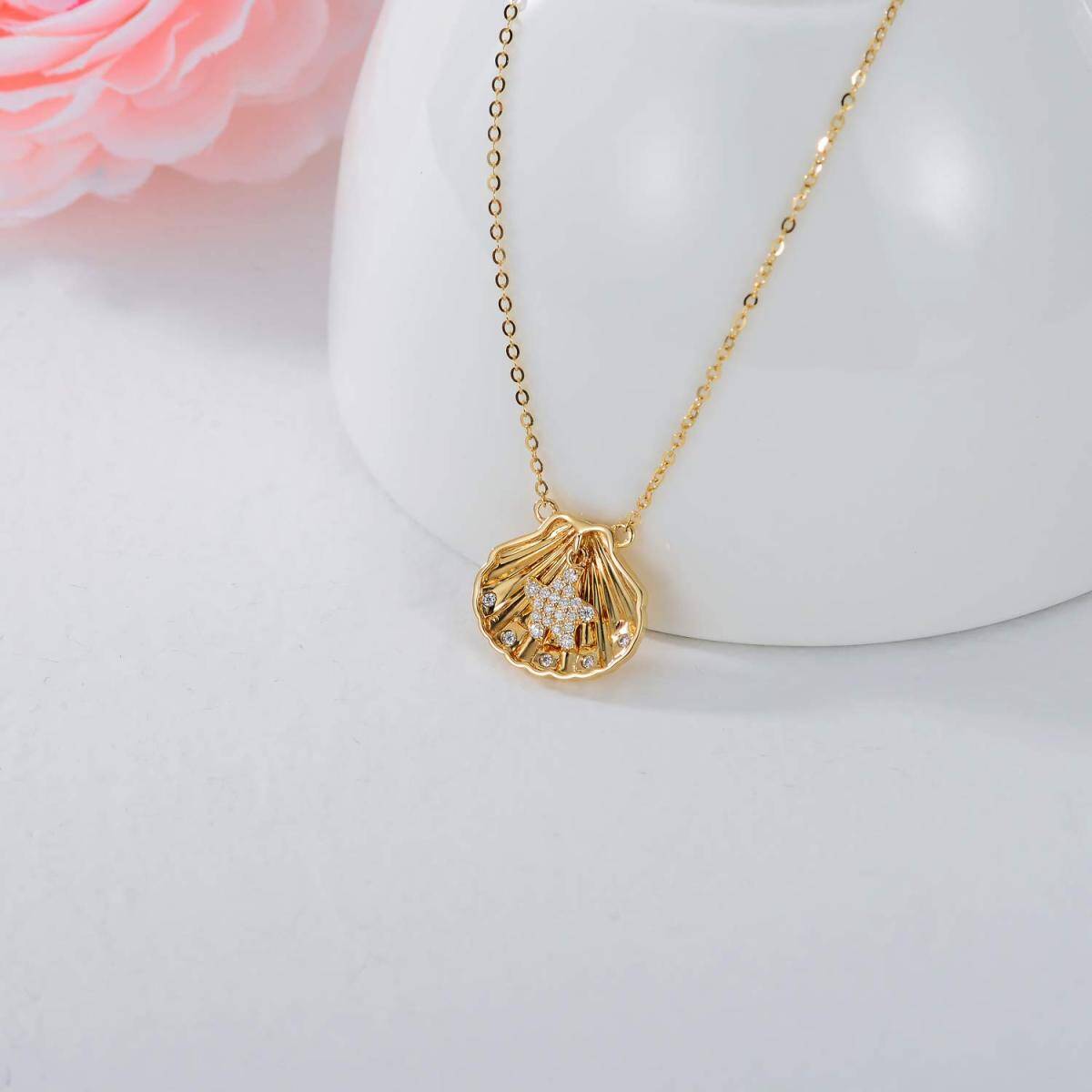 18K Gold Cubic Zirconia Shell Pendant Necklace-3