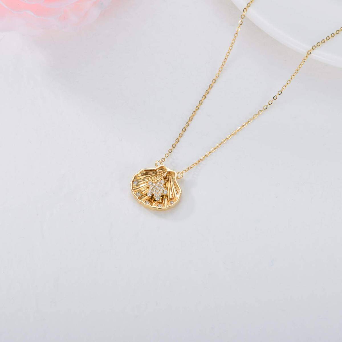 18K Gold Cubic Zirconia Shell Pendant Necklace-4