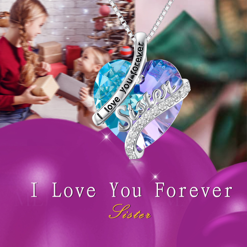 Sterling Silver Heart Crystal Sister Pendant Necklace Birthday Jewelry Gifts For Women Sister-3