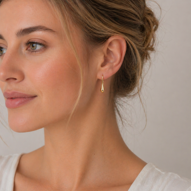 Sterling Silver with Yellow Gold Plated Slim Teardrop Drop Earrings-2