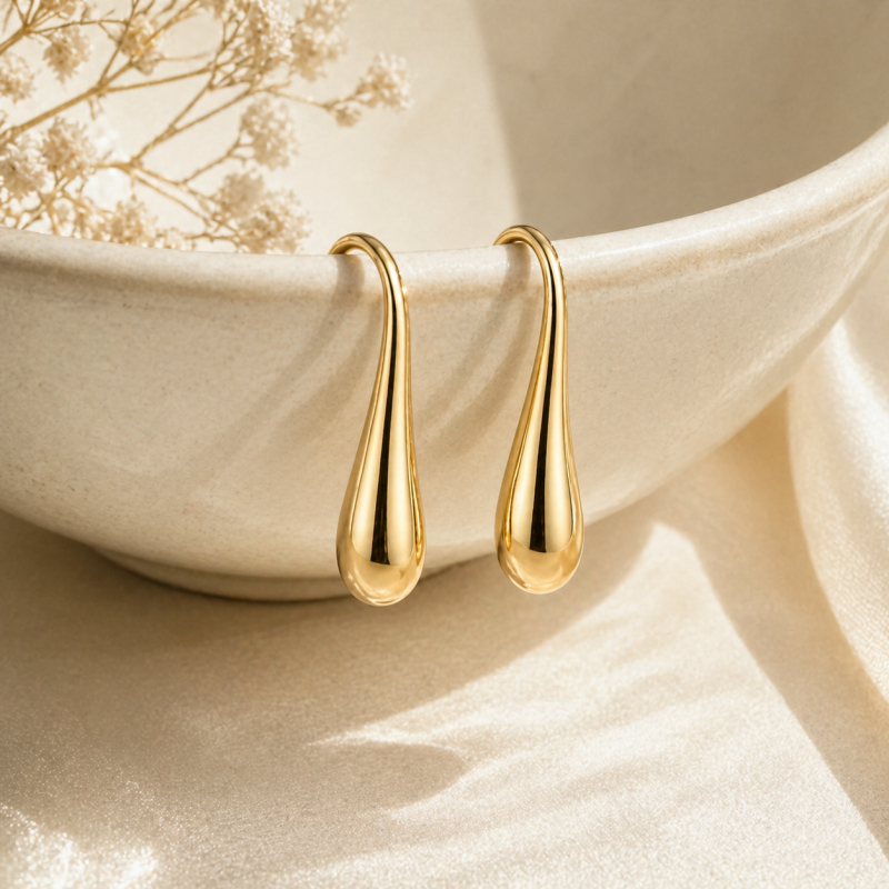 Sterling Silver with Yellow Gold Plated Slim Teardrop Drop Earrings-3