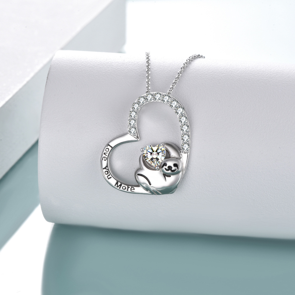 Sterling Silver Cubic Zirconia Sloth Heart Necklace for Women-3