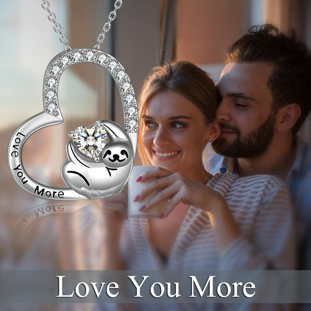 Sterling Silver Cubic Zirconia Sloth Heart Necklace for Women-6