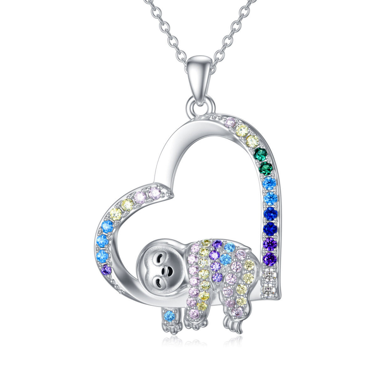 Sterling Silver Colorful Cubic Zirconia Sloth & Heart Necklace for Women Kids-1