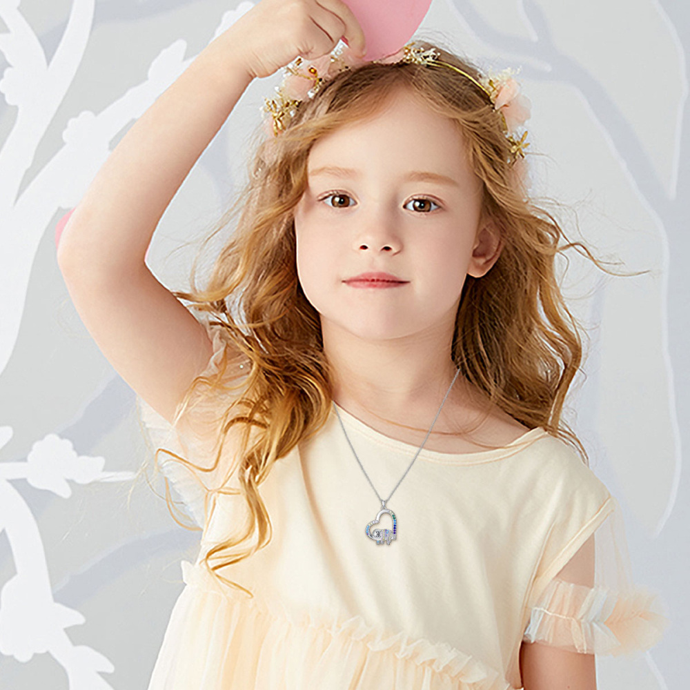 Collar de plata de ley con forma de corazón de perezoso y circonita cúbica de colores para mujeres y niños-3