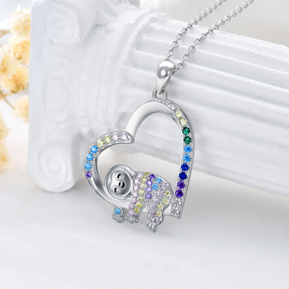 Collar de plata de ley con forma de corazón de perezoso y circonita cúbica de colores para mujeres y niños-5