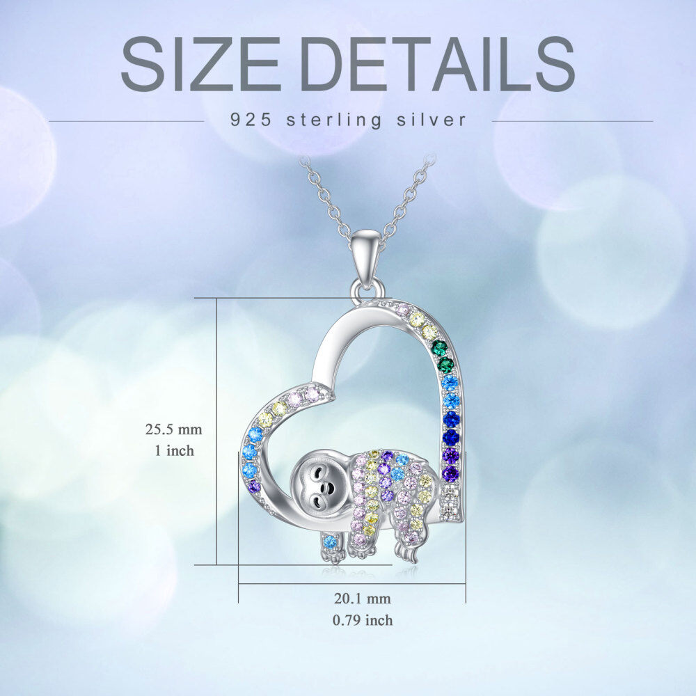 Collar de plata de ley con forma de corazón de perezoso y circonita cúbica de colores para mujeres y niños-6