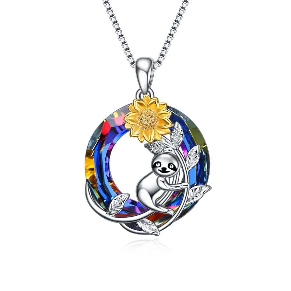 Sterling Silver Two-tone Sloth & Sunflower Crystal Necklace for Women-1