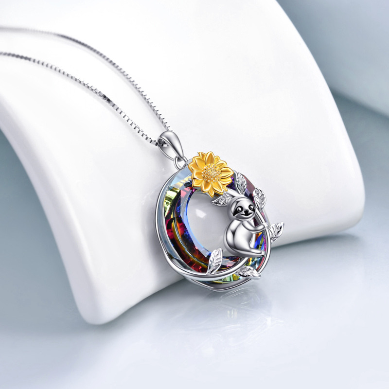 Sterling Silver Two-tone Sloth & Sunflower Crystal Necklace for Women-3