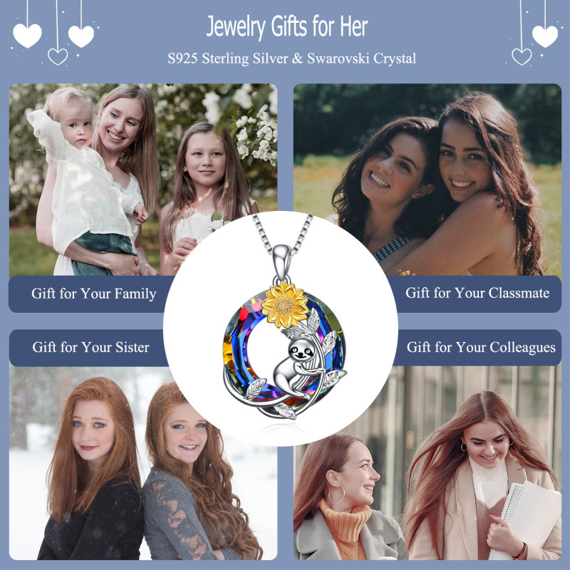 Sterling Silver Two-tone Sloth & Sunflower Crystal Necklace for Women-5