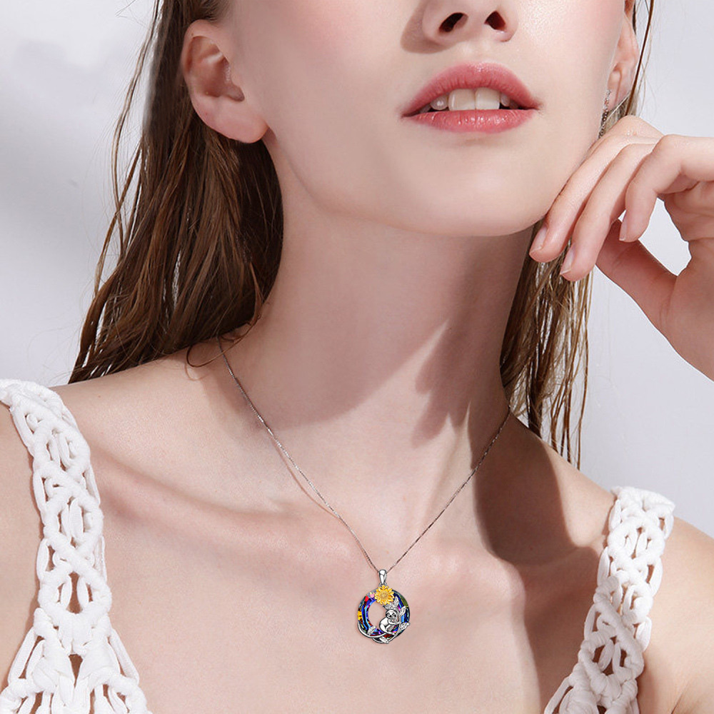 Sterling Silver Two-tone Sloth & Sunflower Crystal Necklace for Women-2