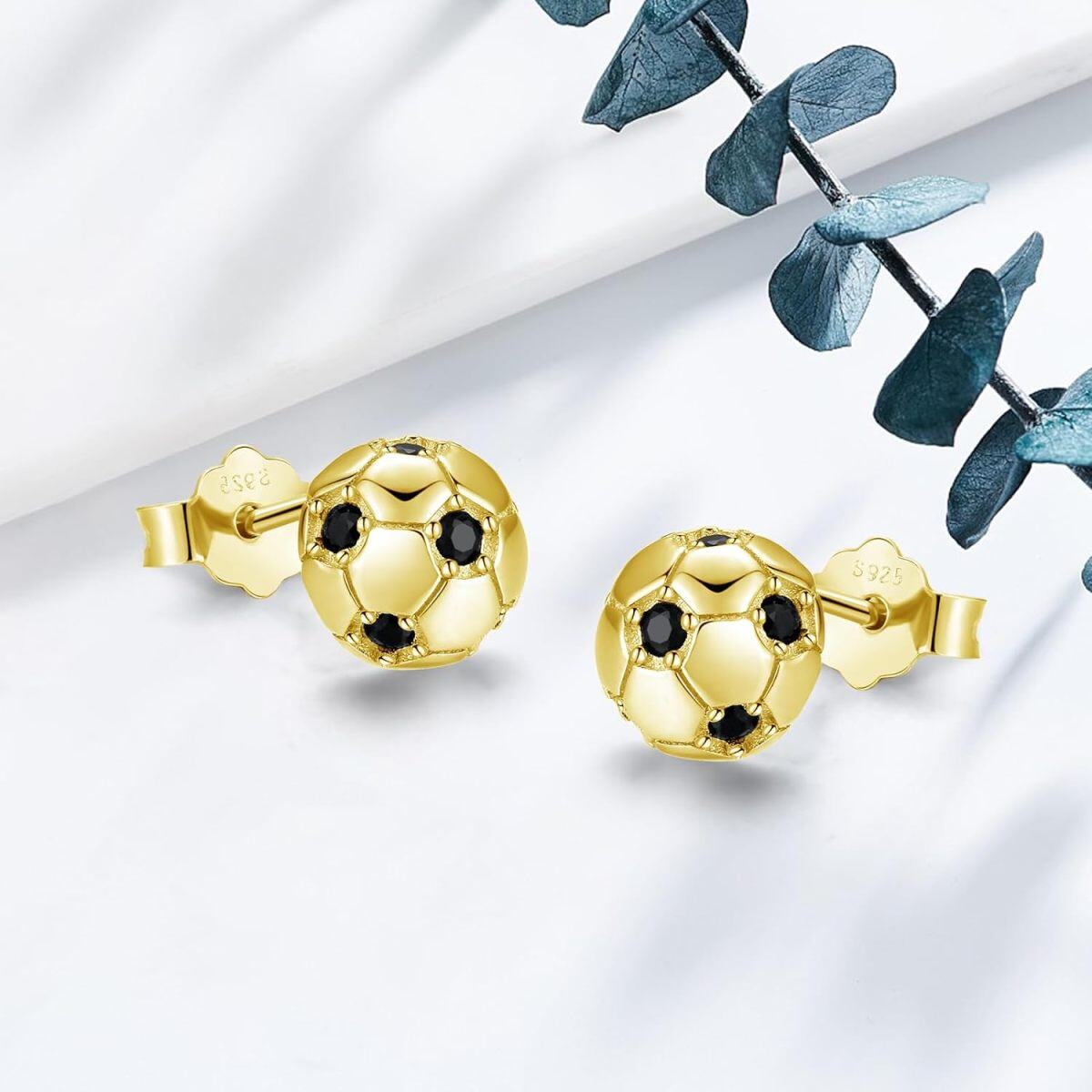 Sterling Silver with Yellow Gold Plated Cubic Zirconia Football Stud Earrings-3