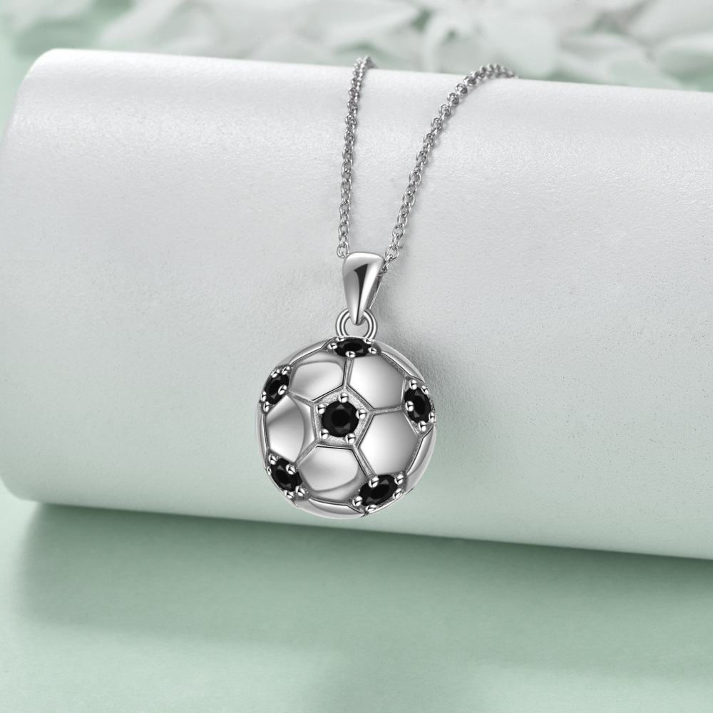 Sterling Silver Circular Cubic Zirconia Football Pendant Necklace for Women Men-3