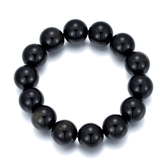 Stainless Steel with Black Color Plated Obsidian Crystal Beads Bracelet for Men