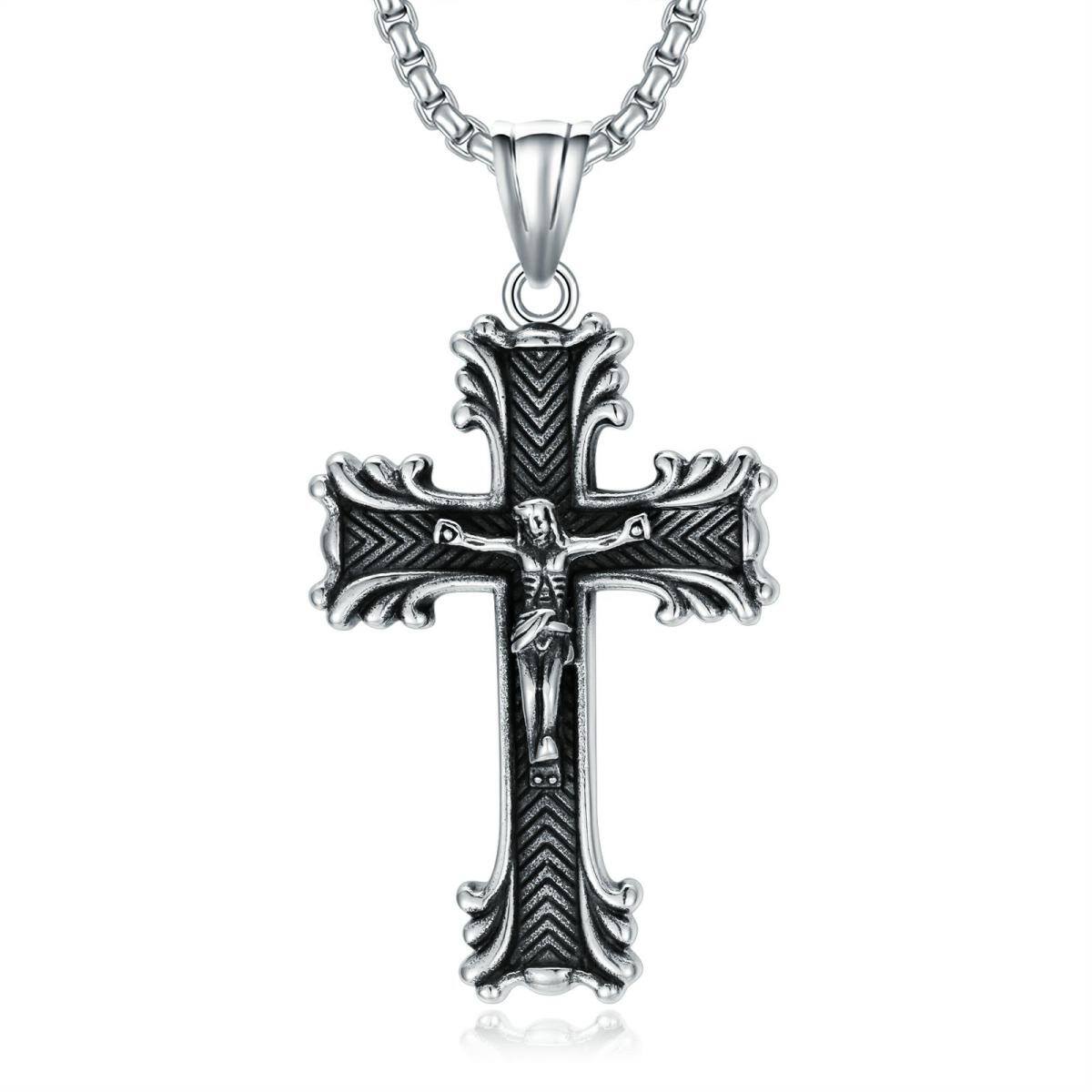 Stainless Steel with Retro Silver Plated Cross Pendant Necklace for Men-1