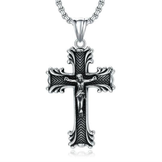 Stainless Steel with Retro Silver Plated Cross Pendant Necklace for Men