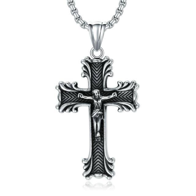 Stainless Steel with Retro Silver Plated Cross Pendant Necklace for Men-1