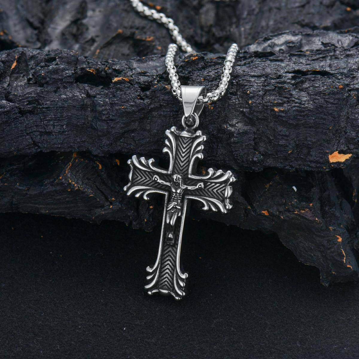 Collier avec pendentif croix plaqué argent rétro en acier inoxydable pour hommes-3