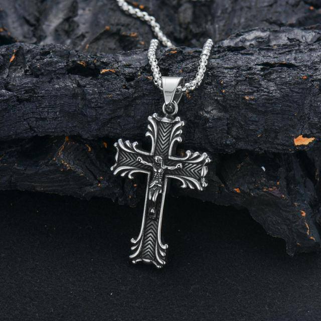 Stainless Steel with Retro Silver Plated Cross Pendant Necklace for Men-3