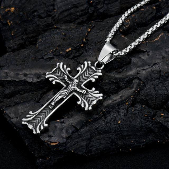 Stainless Steel with Retro Silver Plated Cross Pendant Necklace for Men-4