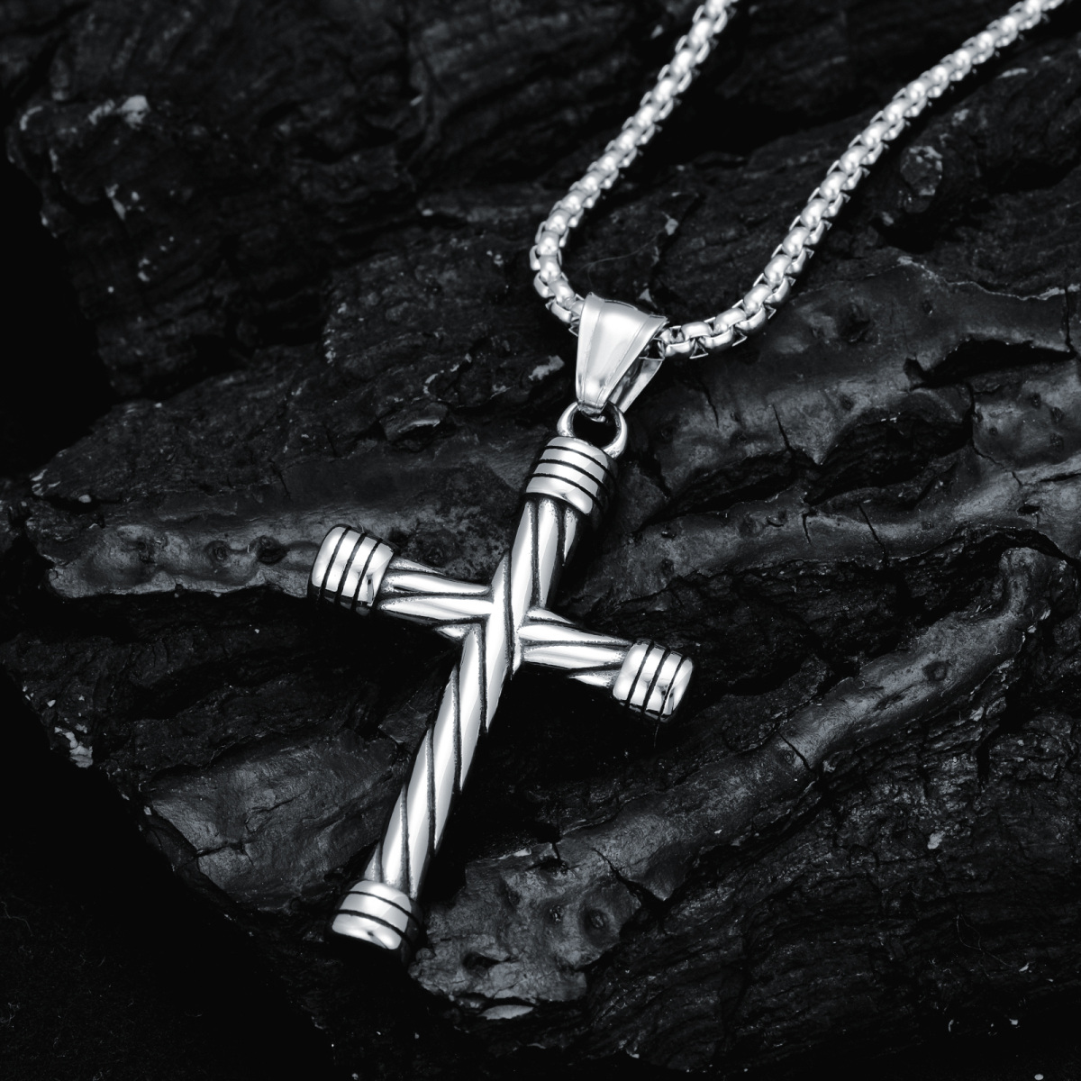 Stainless Steel with Retro Silver Plated Cross Wheat Chain Necklace for Men-4