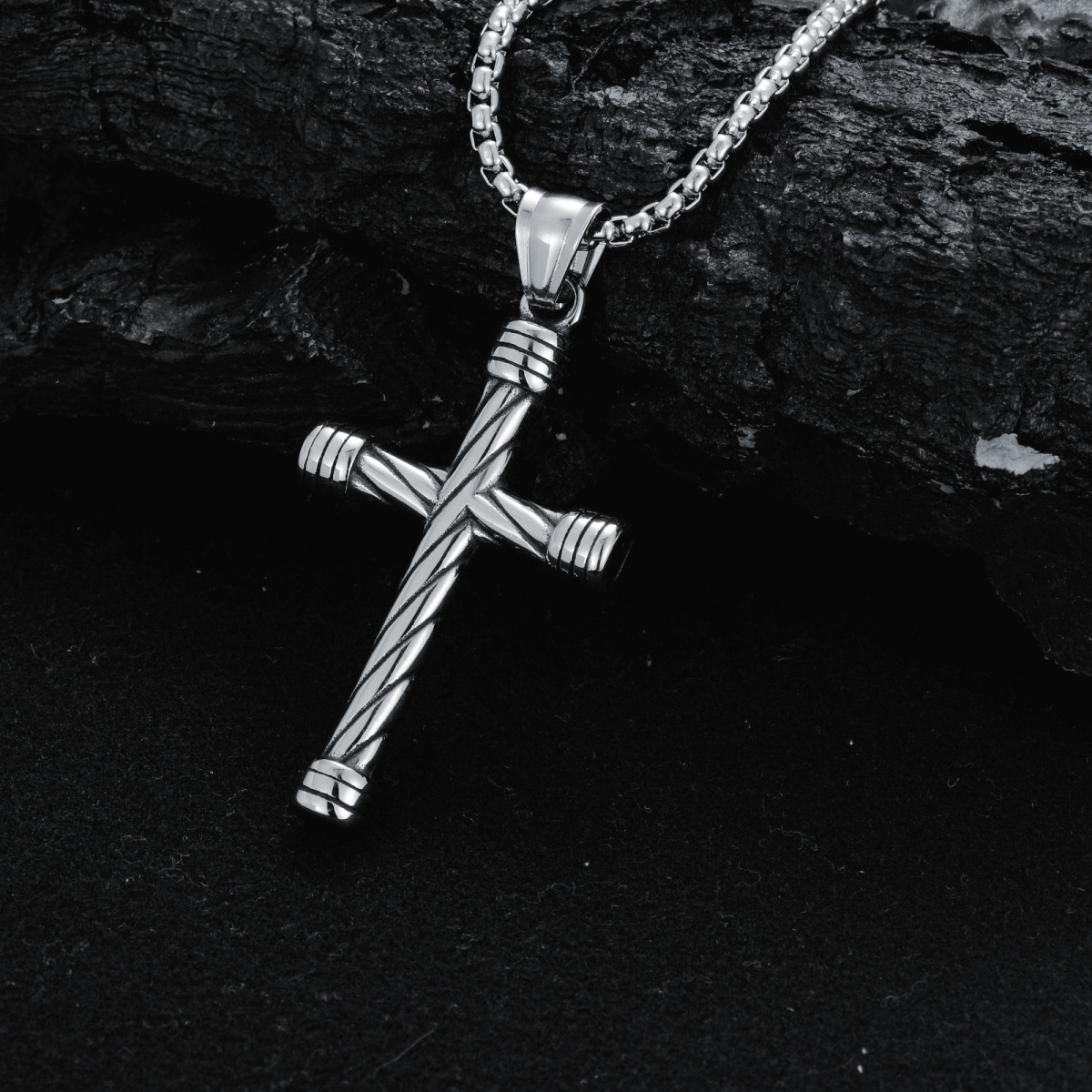 Stainless Steel with Retro Silver Plated Cross Wheat Chain Necklace for Men-5