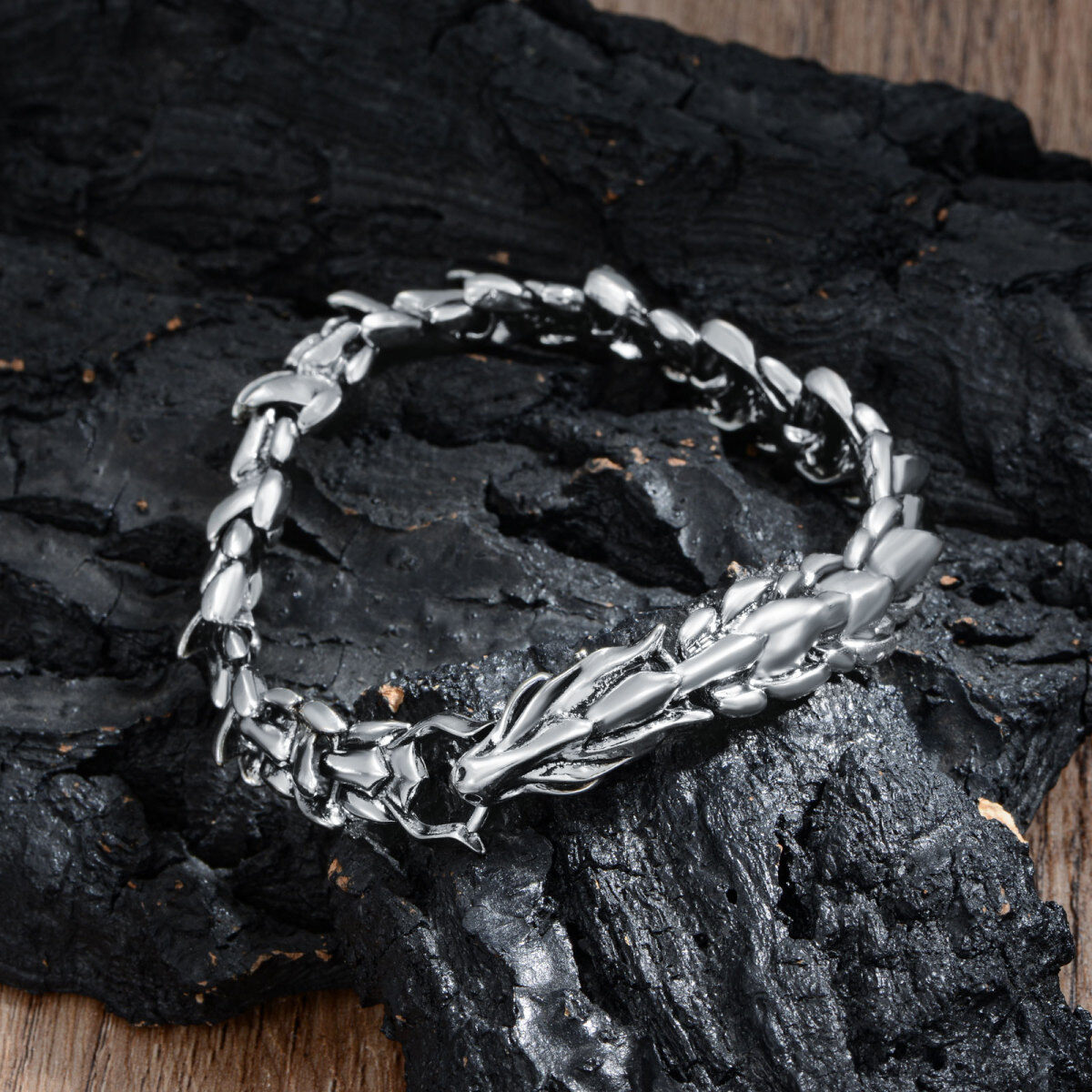 Pulsera de acero inoxidable con cadena de dragón chapada en plata retro para hombre-3